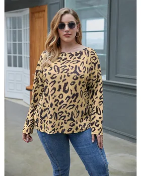 XL-4XL 2021 labai Didelis Leopardas Spausdinti Patogus Mados Laisvi O-Kaklo marškinėliai Plius Dydis Moterų Drabužiai Derliaus ilgomis Rankovėmis - 