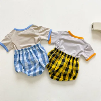Vasaros berniukas ir mergaitė baby kombinezonas mielas animacinių filmų trumpas rankovės marškinėliai + šortai check 2 komplektai vaikams drabužių - 