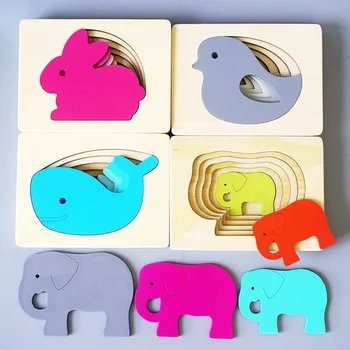 Vaikai 5 Sluoksnių Medinis Žaislas 3D Puzzle /Vaikų Gyvūnų Daugiasluoksnės Dėlionės Triušis Dramblys Paukščių, Banginių Montessori Žaislas - 