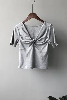 Moterų marškinėliai Vasaros Drabužių trumpomis Rankovėmis Raukšlės Slim Viršūnes korėjos Dizaino Tee Seksuali Moteris Slim Black Viršūnes Trumpas - 