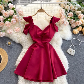 Korėjos suknelės moterims šalis 2021 nauja raudona mini Derliaus-Line suknelė su v-kaklo susiėmę slim saldus trumpą suknelę tendencija vestidos - 