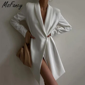Msfancy Balta Suknelė, Švarkas Moterims 2021 Ilgomis Rankovėmis Paslėptas Krūtinėmis Per Ilgas Švarkas Elegantiškas Ponios Outwear - 