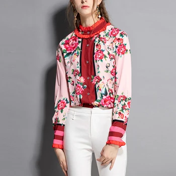 2021 m. pavasarį, rudenį moterims, elegantiška Susiėmę marškinėliai pink gėlių spausdinti kilimo ir tūpimo tako palaidinė jauna mergina kokybės marškinėliai - 