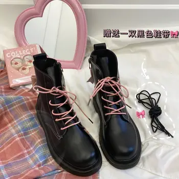 Japonijos bowknot raundo vadovas Martinas batų kulno vidurio mergaitės Britų stiliaus naujas storio-apačioje vieno batai cosplay loli - 