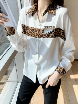 2021 M. Rudenį Leopardas Spausdinti Satino Marškinėliai Moterims Sujungimas Ilgomis Rankovėmis Pasukite Žemyn Apykaklės Palaidinė Korėjos Mados Drabužių Office Ponios - 