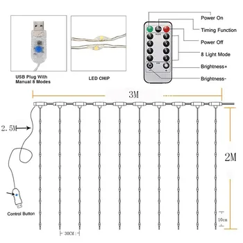 Kūrybos Šalis Dekoro Užuolaidų Žibintai 8 apšvietimo režimai USB String Lemputė Su Nuotolinio Valdymo vidaus/Lauko dekoracijos - 