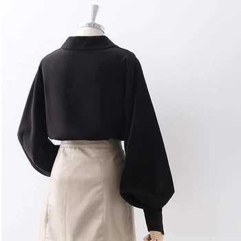 Deeptown Žibintų Rankovėmis Palaidinė Moterims, Elegantiškas 2021 Korėjos Stiliaus Pavasario Ponios Išjunk Pritvirtinti Ilgomis Rankovėmis Marškinėliai Baltas Juodas - 