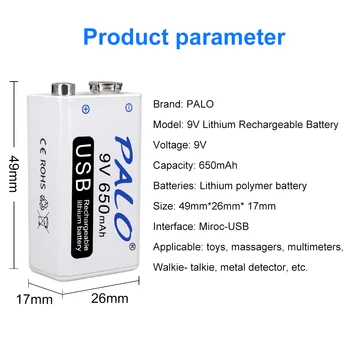 PALO 9v usb įkraunama ličio baterija 6f22 9V ličio jonų baterijas multimetras Dūmų signalizacijos metalo detektorius ir kt baterijas - 