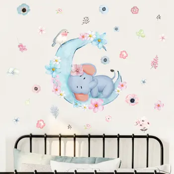 Animacinių filmų baby dramblys gulėti ant pusmėnulio sienų lipdukai vaikų kambario, miegamojo, apdailos lipnios sienos lipdukai - 