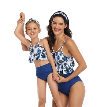 2021 Karšto Pardavimo Tėvų-Vaikų maudymosi kostiumėlį Naujas Bikini Spausdinti Aukštos Juosmens Mėlynas Juodas Žalias maudymosi kostiumėlis Beach Moterų Biniki SW510 - 