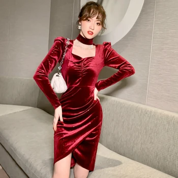 Prancūzų Stilius Derliaus Juodo Aksomo Suknelė Moteris ilgomis Rankovėmis China Suknelės Naujųjų Metų 2021 Vien Šalis Suknelės Moterims Vakaras - 