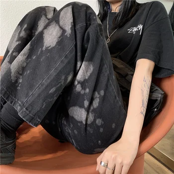 Moterų Džinsus 2021 M. Pavasarį Naujas Harajuku Streetwear Didelis Juosmens Derliaus Baggy Tiesiai Džinsinio audinio Kelnių Kaklaraištis Dažų Black Wide Kojų Kelnės - 