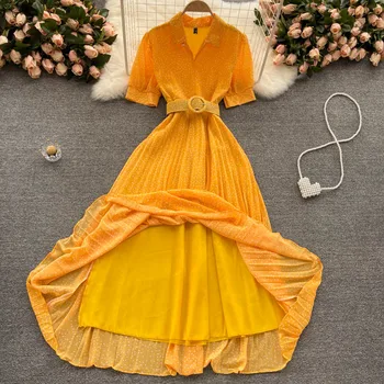 Vasaros elegantiška suknelė su diržo 2021 temperamentas POLO apykakle plonas ilgas klostuotas šifono saldus polka-dot suknelė moterims Bohemijos suknelė - 