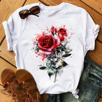 Moterų marškinėliai Rose Kiaulpienių Spausdinti trumparankoviai Grafinis Gėlių Viršūnės Vasaros Atsitiktinis Ponios Harajuku Plius Dydis Moteris Marškinėliai - 