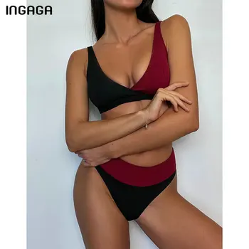 INGAGA Push Up Seksualus Bikini maudymosi Kostiumėliai, Briaunoti Moterų maudymosi kostiumėlį Aukšto Juosmens Maudymosi Kostiumą, 2021 Kratinys Biquini Aukštos Sumažinti Bikini Komplektas - 