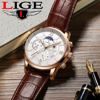 LIGE2021 Top Brand Prabangos, laisvalaikio Laikrodžiai Odinis dirželis Mėnulio Fazės Vyrų laikrodis atsparus Vandeniui Šviesos Kvarcinis Laikrodis Reloj Hombre - 