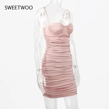 2021 Rožinės Spalvos Klostuotas Satino Seksuali Suknelė Moterims Backless Bodycon Mini Elegantiškas Vasaros Suknelė Naktinis Klubas Šalis Suknelės - 