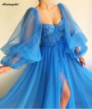 Romantiška Mėlyna Musulmonų Vakaro Suknelės-line Brangioji ilgomis Rankovėmis Tiulio Islamo Dubajus, Saudo arabų Ilgai Vakare Promenadzie Suknelė - 