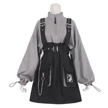 2021 Retro Vintage Moterų Gotikos Merginų Pankroko Mini Suknelės Aukšto Juosmens Ilgomis Rankovėmis Apykaklę, Skrybėlę Seksualus Gry Black Lolita Plius Dydis Jurken - 