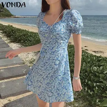 VONDA Mini Suknelė 2021 Moterų Atsitiktinis Sluoksniuotos Rankovėmis Kvadratinių Kaklo Šaliai, Skraistės Ponios Šalies Bohemijos Vestidos Vasaros Paplūdimio Sundress S- - 