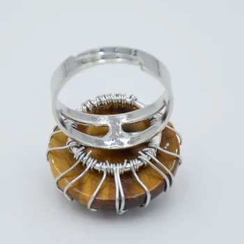 Raundas Cabochon Natūralaus Akmens Rožinė Kristalų Moterų Reguliuojamas Pirštų Žiedai Reiki Sidabro Spalvos Gyvybės Medis Wire Wrap Atidarymo Žiedas - 
