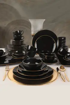 Juodojo Aukso Vakarienė Set 30 Gabalų 6 Žmonės, 6 Sriuba bowl - 6 Vakarienės Lėkštės 6 Tortas Plokštė - 6 Paslaugų Plokštės - 9cm 300ml Puodeliai x6 - 
