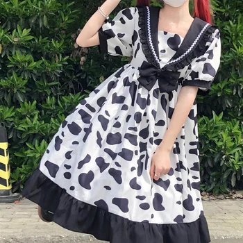 QWEEK Karvė Spausdinti Kawaii Lolita Stiliaus Suknelė Moterims Vasaros Saldus Japonų Stiliaus Sailor Apykaklės Mielas Pieno Pynimas Suknelė Minkštas Mergaitės - 