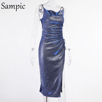 Sampic Seksualus Vasaros Mados 2021 Blizgučiai Mėlyna Moterys Šalis Midi Wrap Dress Dirželis Atsitiktinis Klubo V Kaklo Ritininės Bodycon Suknelė Vintage - 