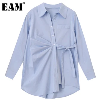 [EAM] Moterys, Mėlyna Mazgas Spliced didelio Dydžio Palaidinė Naujas Atvartas ilgomis Rankovėmis Loose Fit Marškinėliai Mados Banga Pavasario Rudens 2021 1DE0847 - 