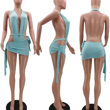 Seksualus Dviejų dalių Komplektas maudymosi kostiumėlis Moterims Vasaros Suknelė Bodysuit ir Mini Sijonas Rinkiniai Paplūdimio Drabužiai Atostogų Klubo Komplektus Atitikimo Rinkiniai - 