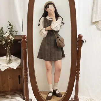 Korėjos Prašmatnus, Saldus Kawai Atsitiktinis Ilgomis Rankovėmis Palaidinė + Pledas Pinafore Suknelė Mielas Mini Japonų Stiliaus Dizainas, Vintage, Retro Suknelė - 