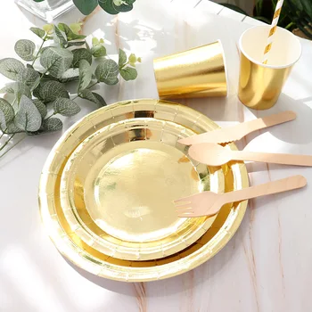 Aukso vienkartiniai indai nustatyti pokylių stalo dekoravimas popieriaus taurės vakarienė plokštės šiaudų vestuvių, gimtadienio prekes - 