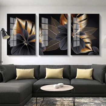 Paprasta šiuolaikinio abstraktaus juodos ir baltos aukso lapų pramoninės vėjo mados meno triptiką dekoratyvinis nuotrauką plakato spausdinimas - 