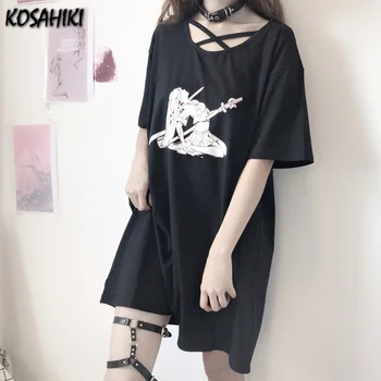 KOSAHIKI trumpomis Rankovėmis T-shirt Moterims, Black, Gothic Harajuku T Marškinėliai Suknelė 2021 M. Vasarą Japonų Animacinių filmų Mergina Spausdinti Streetwear Viršūnės - 