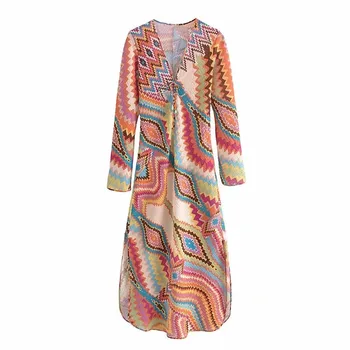TRAF Za Spausdinti Ilga Suknelė Moterims Atsitiktinis ilgomis Rankovėmis Midi Suknelė Moteris Ritininės Boho Tekstūros Strappy Lankas Suknelės Vasaros 2021 Ponios - 