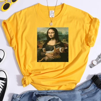 Žinomų Tapybos Mona Lisa Laikykite Katę Juokinga Spausdinti Moterų Marškinėlius Atsitiktinis Minkšti Viršūnes Mados Marškinėliai Vasaros Derliaus moteriški Marškinėliai - 