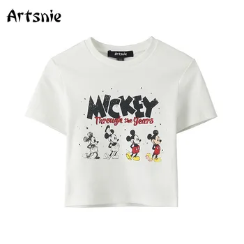Artsnie Vasaros 2021 Mickey Mouse T Shirt Moterims, O Kaklas Trumpas Rankovės Apkarpyti Viršūnes Streetwear Balta Atsitiktinis Liesas Disney marškinėliai - 