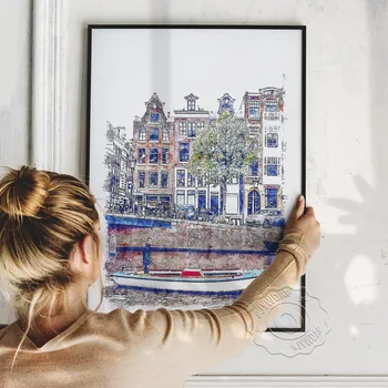 Akvarelė Miesto Nyderlandai Amsterdamas Plakatas, Nyderlandų Peizažas Art Print, Amsterdamo Pasaulio Kelionių Sienų Lipdukai Namų Meno Dekoro - 