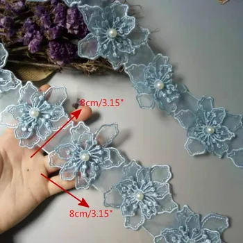 1 kiemuose Mėlyna 8cm Pearl Gėlių Išsiuvinėti Nėriniai Apdailos Juostelės Gėlių Aplikacijos Audinio Lopai 