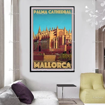 Retro Vintage Stiliaus Kelionių Plakatas Palmos Katedra Maljorka Aliejaus Tapybai Plakatai ir Spausdinama ant Drobės, Sienos Meno Modulinės Nuotraukas - 