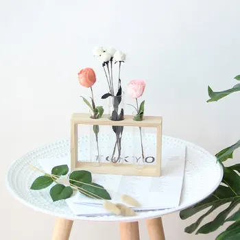 3 Mėgintuvėlius Stiklo Sodinamoji Terariumai, Gėlių Vaza su Mediniu Laikikliu Dauginimas Augalų Hydroponic - 