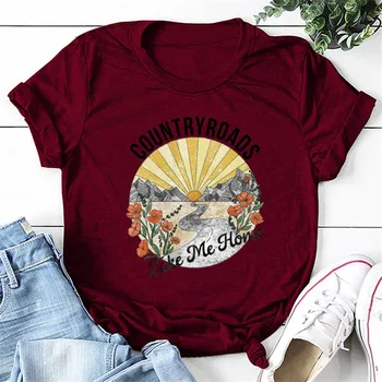 Moterų Derliaus Harajuku t-Shirts Šalies Keliuose Namo Saulės Grafinis Viršūnes Plius Dydžių Crewneck Trumpas Rankovės Tees Marškinėliai - 