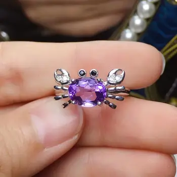 Pardavimo sėkmės krabų formos, violetinis Ametistas brangakmenio žiedas 925 Sterlingas sidabro fine jewelry gamtos perlas juokingi gimtadienio dovana vaikui - 