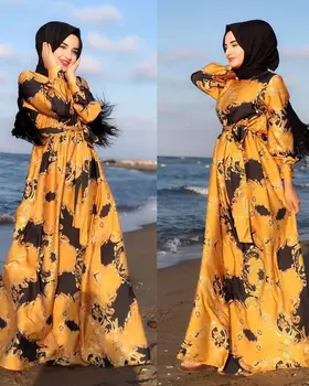 Ramadanas Eid Mubarakas Šilko Satino Abaja Musulmonų Spausdinti Kimono Suknelė, Hijab Arabų Rūbeliai Vestidos Turkija Afrikos Dashiki Islamo Apranga - 
