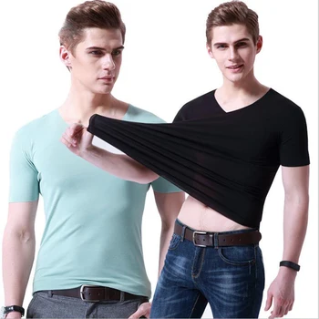 Vyriški trumparankoviai marškinėliai ledo šilko besiūlių dugno marškinėliai sporto quick dry V-neck slim atsitiktinis kvėpuojantis marškinėliai - 
