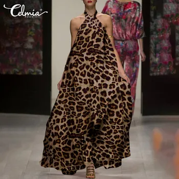 Celmia Bohemijos Moterų Leopard Print Suknelė 2021 M. Vasarą Seksualus Apynasrio Rankovių Sūpynės Maxi Vestidos Atsitiktinis Prarasti Paplūdimys Sundress - 