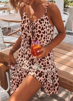 Seksualus Spageti Dirželis Leopardas Spausdinti Beach Trumpas Chalatas, Moteris Suknelė 2021 M. Vasarą Laisvi Atsitiktinis Boho Šalis Suknelės Plus Size Vestidos - 