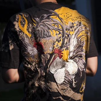 2021 m. Vasarą Naujas Originalus Siuvinėjimo Yokosuka Vyrai ir Moterys, Poros Apvalios Kaklo trumparankoviai marškinėliai Ukiyo-e Gaidys Siuvinėjimas - 