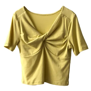 Moterų marškinėliai Vasaros Drabužių trumpomis Rankovėmis Raukšlės Slim Viršūnes korėjos Dizaino Tee Seksuali Moteris Slim Black Viršūnes Trumpas - 