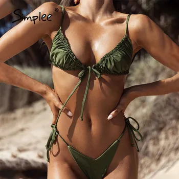 Simplee Seksualus string maudymosi kostiumėlį moteris plisuotos bikini komplektas Brazilijos mikro bikinis mujer Geltonas maudymosi kostiumėliai moterims, Mini maudymosi kostiumas - 
